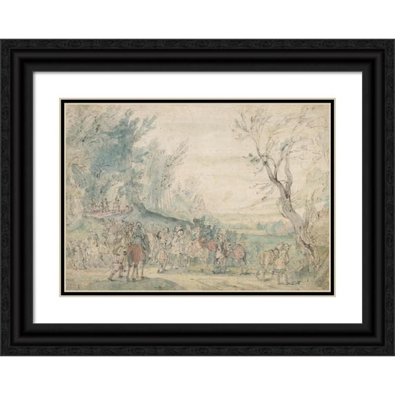 Hermitage Meester 14x11 Black Ornate Wood Framed Double Matted Museum Art Print Titled: Armed Riders at a Boszoom (1615 - 1635)