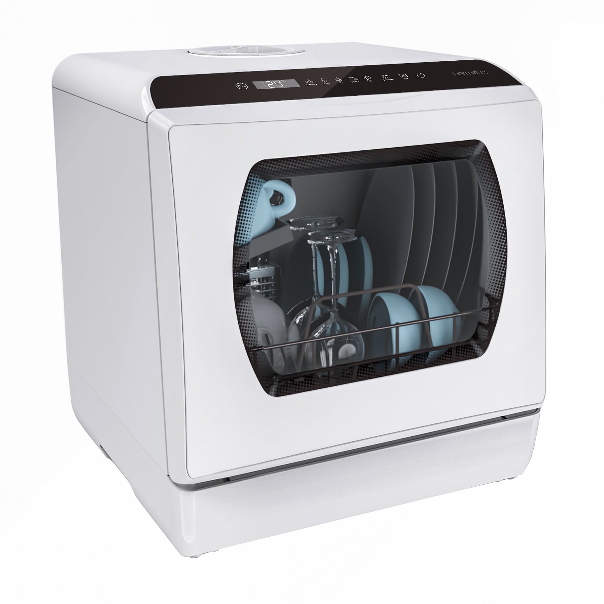 Hermitlux Compact White Glass Door Countertop Dishwasher