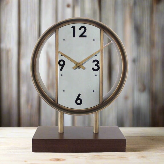 Hermle Round Open Design Quartz Clock with Wooden Base - 11" - Brown and Gold