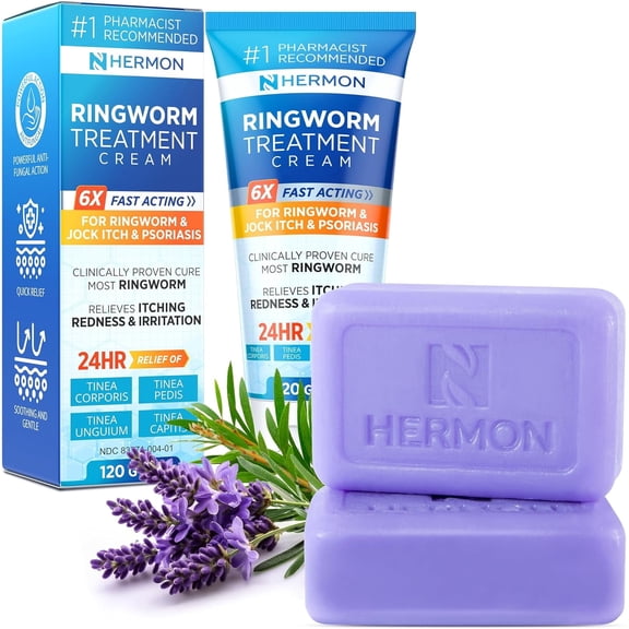 Hermon Ringworm Cream, Ringworm Treatment Cream for Humans, Fungal Skin Cream for Itchy Skin Relief, Effective Ringworm Ointment, Relieves Itching, Irritation, Redness (Cream + 2 Bars-Lavender)
