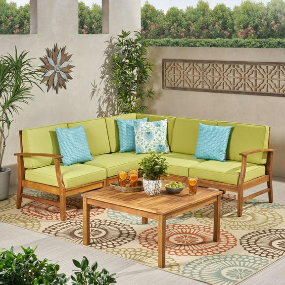 Hermosa 6 Piece Outdoor Acacia Wood Chat Set with Cushions, Teak Finish, Green