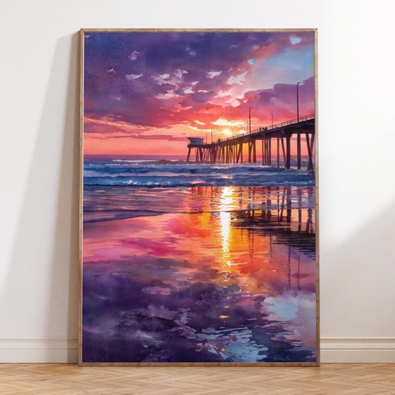 Hermosa Beach California Sunset Pier Coastal Wall Art, Unframed Paper Print Size 8x12