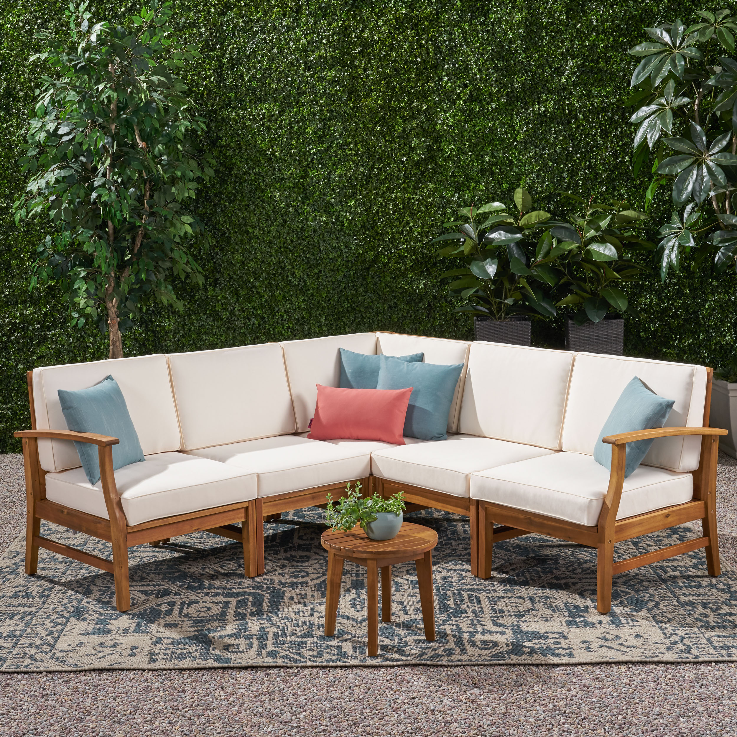 Hermosa Outdoor 5 Piece Chat Set with Cushions (No Coffee Table), Teak Finish, Cream - image 1 of 8