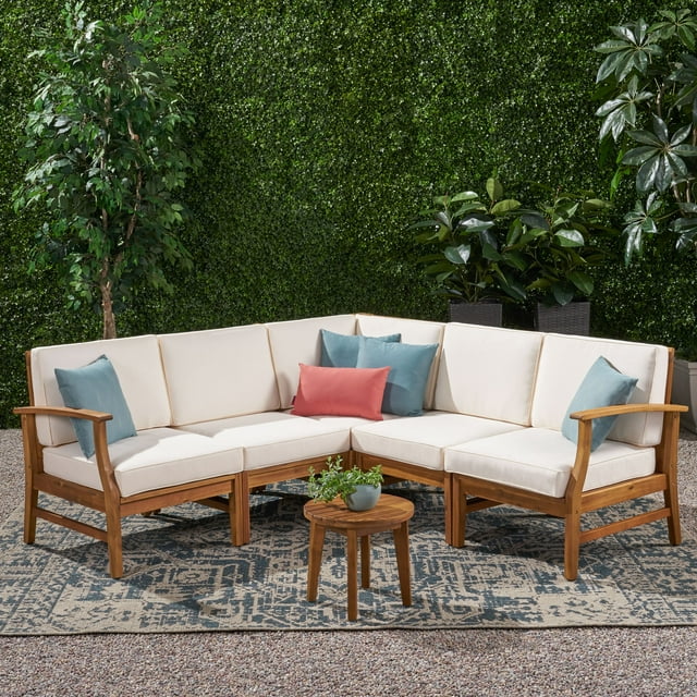Hermosa Outdoor 5 Piece Chat Set with Cushions (No Coffee Table), Teak Finish, Cream