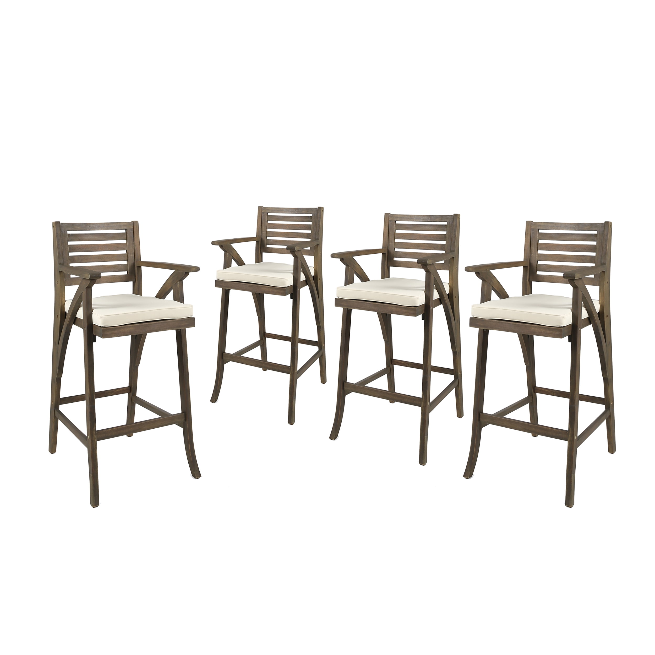 Hermosa Gray Acacia Wood Outdoor Barstools with Cream Cushions, Set of 4