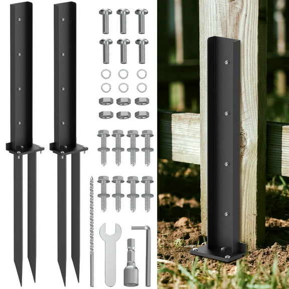 Hermsche 2-Pack Fence Post Repair Stakes Kit, Heavy Duty Steel Fence Post Repair Stakes, Post Anchors Durable Ground Stakes for Wooden Post Repairing Tilted(Black)