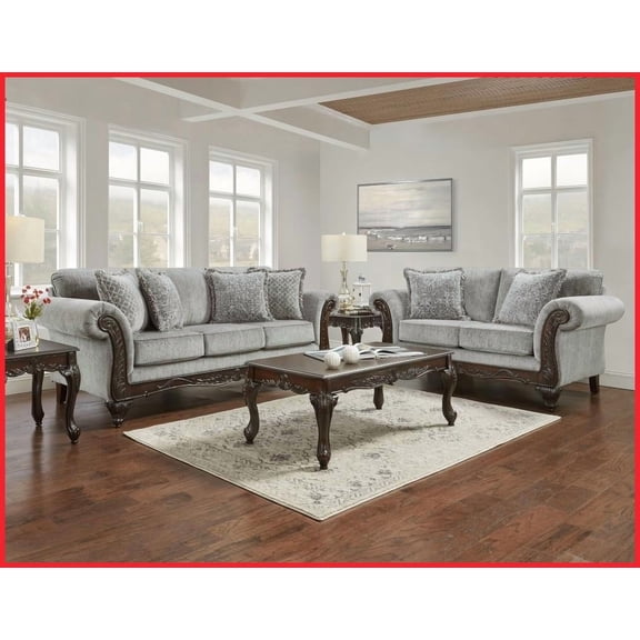 Hernen American Style Carved Wood Frame Chenille Gray Sofa & Loveseat Set - Living Room Comfort with High-Density Foam