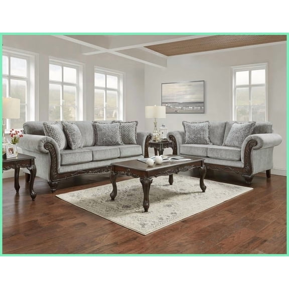 Hernen American Traditional Carved Wood Frame 5-Piece Gray Living Room Set with Soft Chenille Upholstery