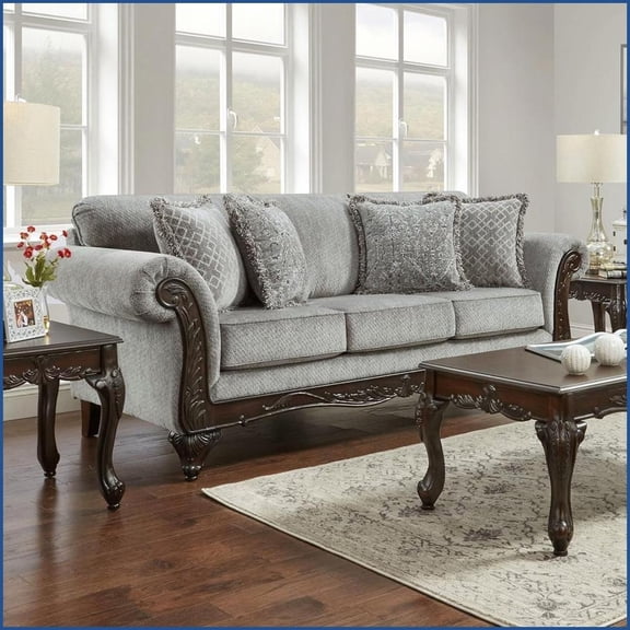 Hernen Gray Chenille Sofa with Carved Wood Frame  4 Fringe Pillows, Rolled Arms for Living Room | Gray | Rolled Arms | Wood+Fabric