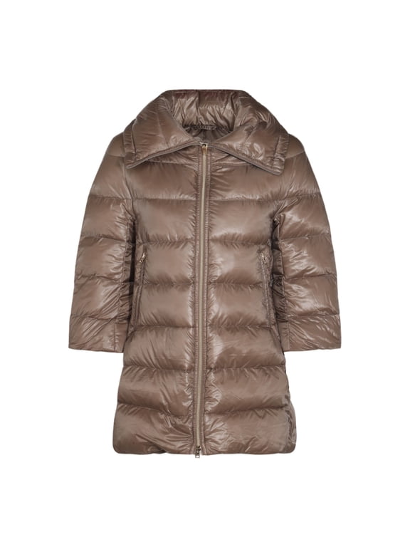 Quilted Brown Jacket With Oversized Collar And Flared Hem (Women's)