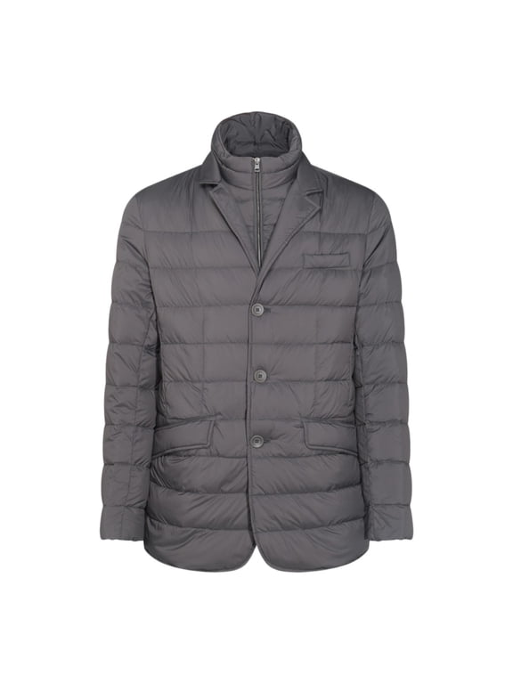 Quilted Grey Jacket With Notched Lapel And Stylish Pockets (Men's)