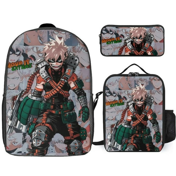 My Hero Academia Bakugo Katsuki 3 Piece Backpack Set with Lunch Bag Pencil Case , High Capacity Bookbag with Lunch Box Pen Box for Man Women Workplace Travel