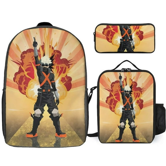 My Hero Academia Bakugo Katsuki 3 Piece Backpack Set with Lunch Bag Pencil Case , High Capacity Bookbag with Lunch Box Pen Box for Man Women Workplace Travel