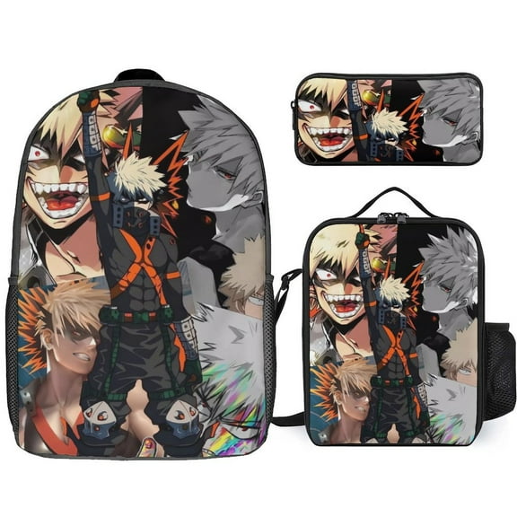 My Hero Academia Bakugo Katsuki 3 Piece Backpack Set with Lunch Bag Pencil Case , High Capacity Bookbag with Lunch Box Pen Box for Man Women Workplace Travel