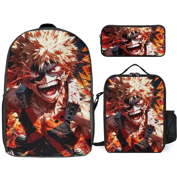 My Hero Academia Bakugo Katsuki 3 Piece Backpack Set with Lunch Bag Pencil Case , High Capacity Bookbag with Lunch Box Pen Box for Man Women Workplace Travel