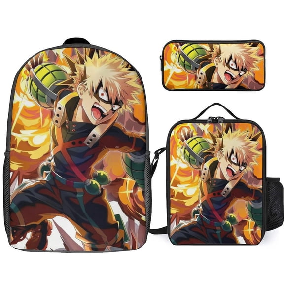 My Hero Academia Bakugo Katsuki 3 Piece Backpack Set with Lunch Bag Pencil Case , High Capacity Bookbag with Lunch Box Pen Box for Man Women Workplace Travel