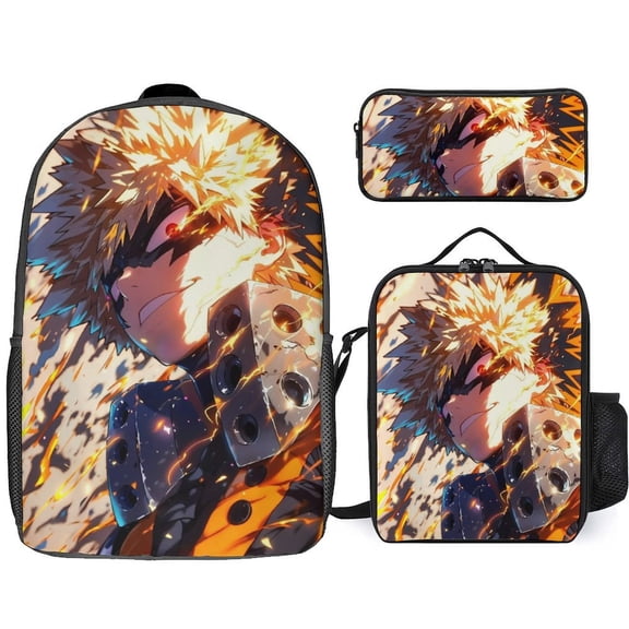 My Hero Academia Bakugo Katsuki 3 Piece Backpack Set with Lunch Bag Pencil Case , High Capacity Bookbag with Lunch Box Pen Box for Man Women Workplace Travel
