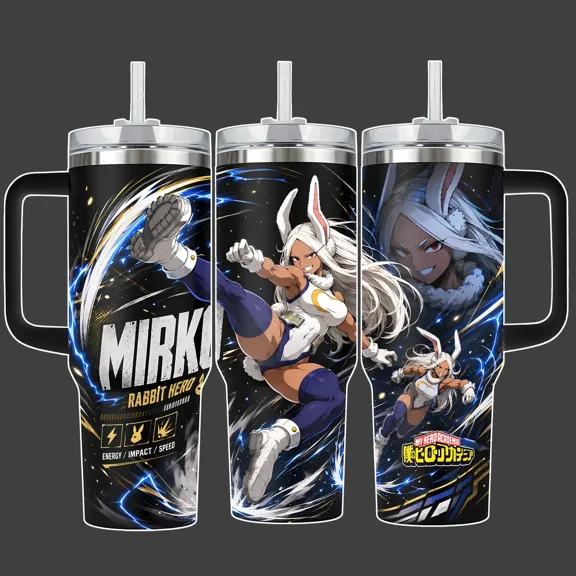 My Hero Academia Mirko Rabbit Hero Kick Anime Tumbler Cup, Blue Lightning Action Full Wrap Stainless Steel Insulated Tumbler 20oz/40oz With Straw Lid Included, 40oz Handle Option