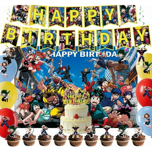 My Hero Academia Party Supplies, Birthday Party Decorations Set Include Banner, Backdrop, Balloons, Hanging Swirls, Cake Cupcake Toppers, for boys Party Decorations