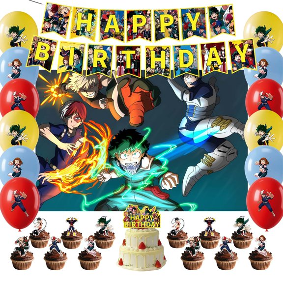 My Hero Academia themed birthday party supplies decorations, including birthday banners, backdrops, balloons, cake decorations, suitable for boys and girls party sets