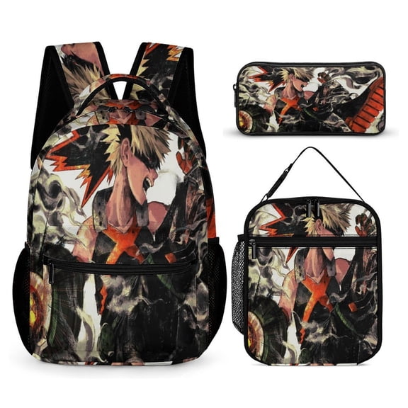 My Hero Backpack Academia Mha 17 Inch 3 Piece Set with Insulated Lunch Bag and Pencil Case, Bookbag Laptop Backpack Cartoon Durable Lightweight Casual Backpack