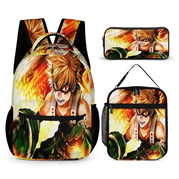 My Hero Backpack Academia Mha 17 Inch 3 Piece Set with Insulated Lunch Bag and Pencil Case, Bookbag Laptop Backpack Cartoon Durable Lightweight Casual Backpack