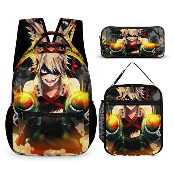 My Hero Backpack Academia Mha 17 Inch 3 Piece Set with Insulated Lunch Bag and Pencil Case, Bookbag Laptop Backpack Cartoon Durable Lightweight Casual Backpack