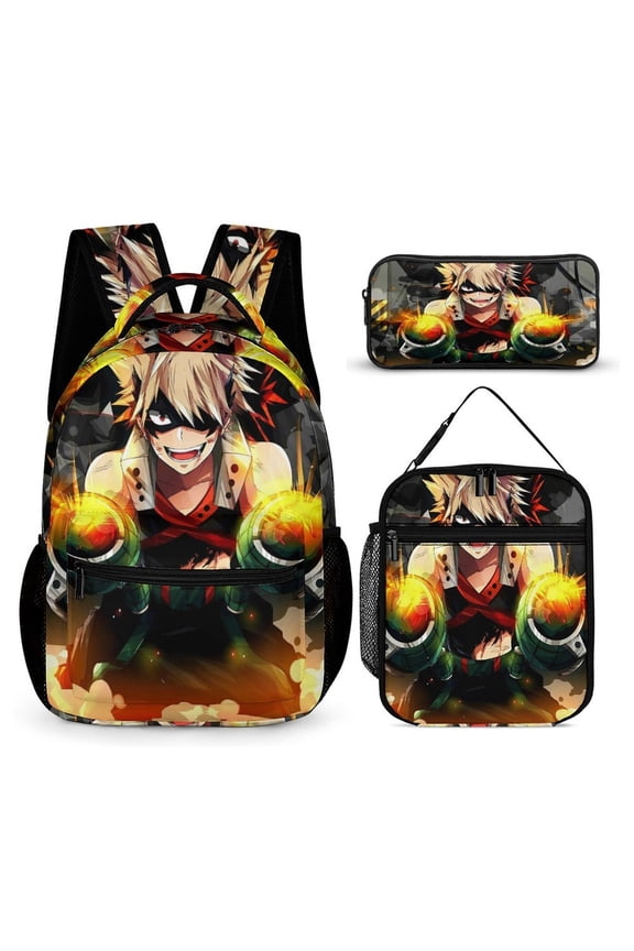 My Hero Backpack Academia Mha 17 Inch 3 Piece Set with Insulated Lunch Bag and Pencil Case, Bookbag Laptop Backpack Cartoon Durable Lightweight Casual Backpack