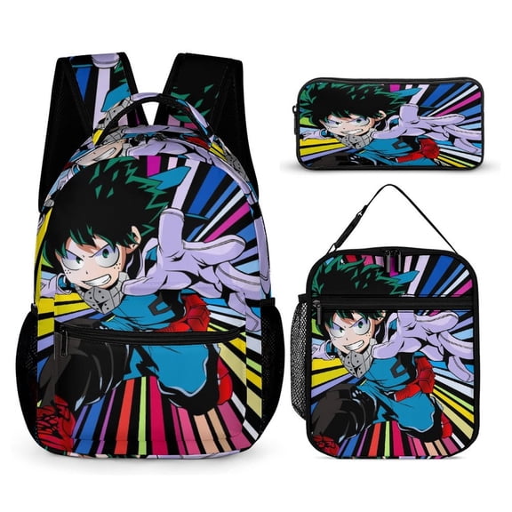 My Hero Backpack Academia Mha 17 Inch 3 Piece Set with Insulated Lunch Bag and Pencil Case, Bookbag Laptop Backpack Cartoon Durable Lightweight Casual Backpack