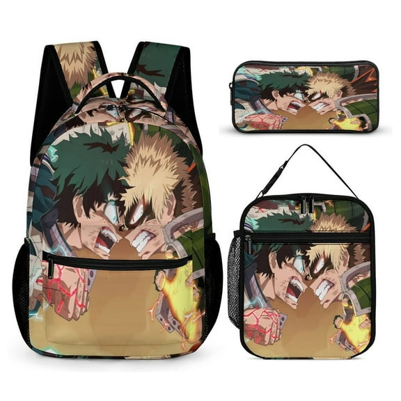 My Hero Backpack Academia Mha 17 Inch 3 Piece Set with Insulated Lunch Bag and Pencil Case, Bookbag Laptop Backpack Cartoon Durable Lightweight Casual Backpack