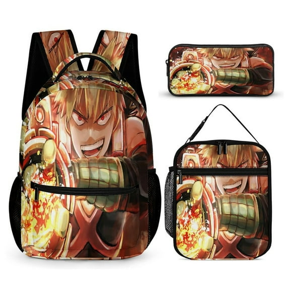 My Hero Backpack Academia Mha 17 Inch 3 Piece Set with Insulated Lunch Bag and Pencil Case, Bookbag Laptop Backpack Cartoon Durable Lightweight Casual Backpack