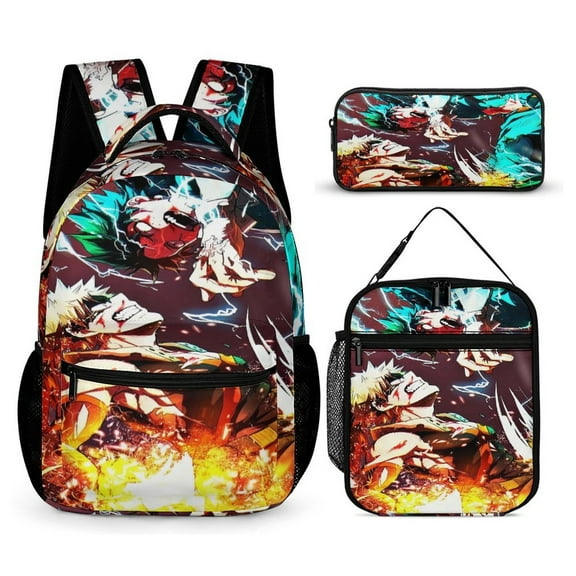 My Hero Backpack Academia Mha 17 Inch 3 Piece Set with Insulated Lunch Bag and Pencil Case, Bookbag Laptop Backpack Cartoon Durable Lightweight Casual Backpack
