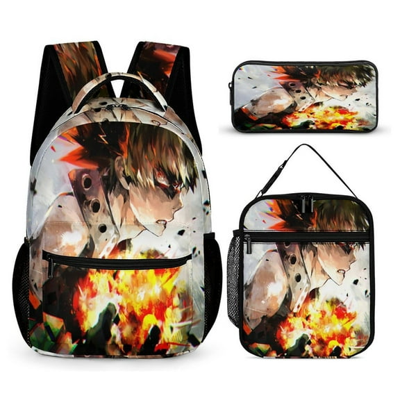 My Hero Backpack Academia Mha 17 Inch 3 Piece Set with Insulated Lunch Bag and Pencil Case, Bookbag Laptop Backpack Cartoon Durable Lightweight Casual Backpack
