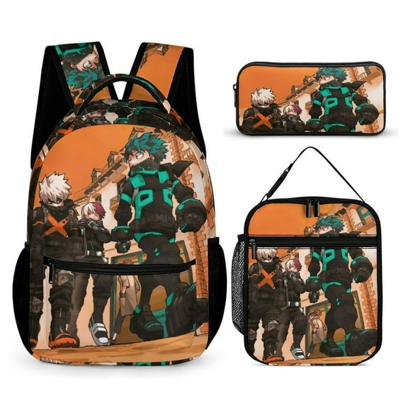 My Hero Backpack Academia Mha 17 Inch 3 Piece Set with Insulated Lunch Bag and Pencil Case, Bookbag Laptop Backpack Cartoon Durable Lightweight Casual Backpack