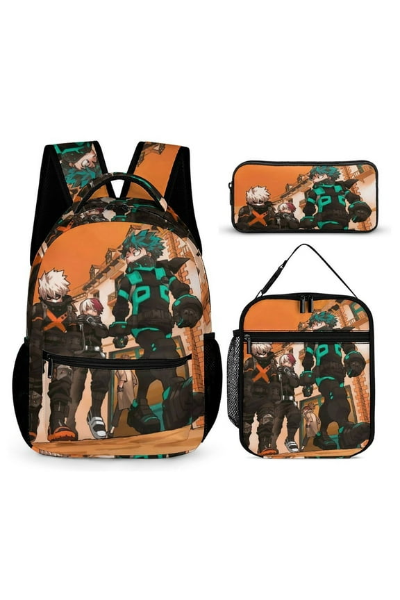 My Hero Backpack Academia Mha 17 Inch 3 Piece Set with Insulated Lunch Bag and Pencil Case, Bookbag Laptop Backpack Cartoon Durable Lightweight Casual Backpack