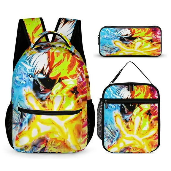 My Hero Backpack Academia Mha 17 Inch 3 Piece Set with Insulated Lunch Bag and Pencil Case, Bookbag Laptop Backpack Cartoon Durable Lightweight Casual Backpack