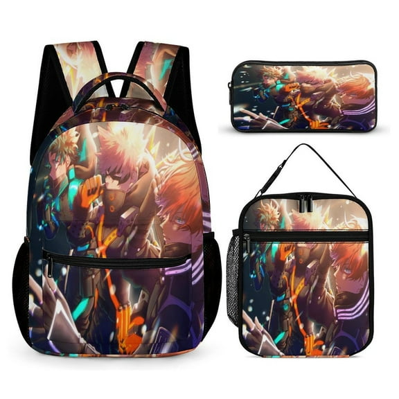 My Hero Backpack Academia Mha 17 Inch 3 Piece Set with Insulated Lunch Bag and Pencil Case, Bookbag Laptop Backpack Cartoon Durable Lightweight Casual Backpack