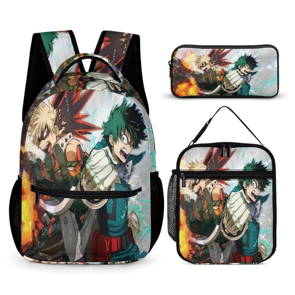 My Hero Backpack Academia Mha 17 Inch 3 Piece Set with Insulated Lunch Bag and Pencil Case, Bookbag Laptop Backpack Cartoon Durable Lightweight Casual Backpack