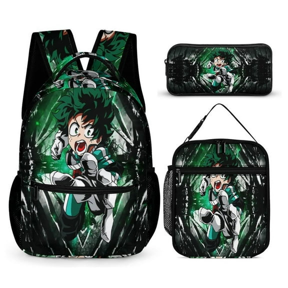 My Hero Backpack Academia Mha 17 Inch 3 Piece Set with Insulated Lunch Bag and Pencil Case, Bookbag Laptop Backpack Cartoon Durable Lightweight Casual Backpack
