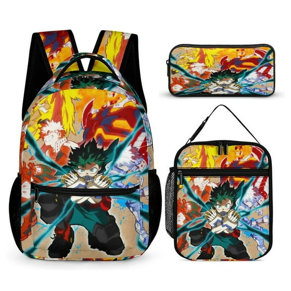 My Hero Backpack Academia Mha 17 Inch 3 Piece Set with Insulated Lunch Bag and Pencil Case, Bookbag Laptop Backpack Cartoon Durable Lightweight Casual Backpack