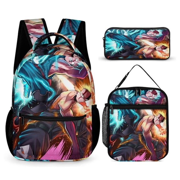 My Hero Backpack Academia Mha 17 Inch 3 Piece Set with Insulated Lunch Bag and Pencil Case, Bookbag Laptop Backpack Cartoon Durable Lightweight Casual Backpack