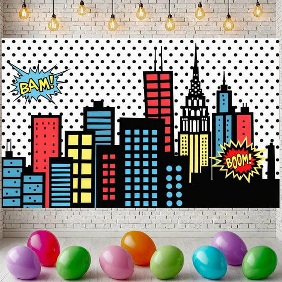 Hero Banner Colorful Design City Night Banner Party Backdrop for Birthday Party Baby Shower Photography Background