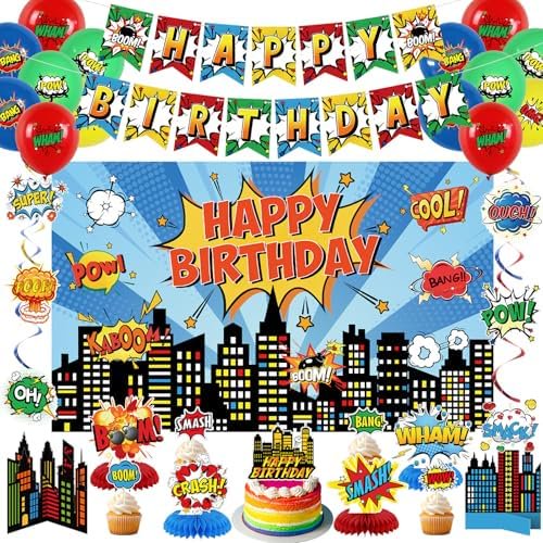 Hero Birthday Decorations - City Hero Theme Backdrop, Banner, Swirls, Honeycomb and Balloons for Birthday Party Supplies$$Electronics Accessories