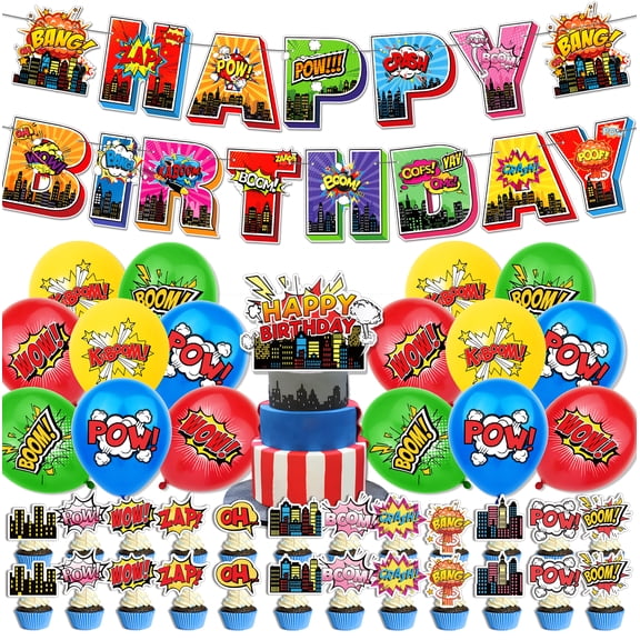 Hero Birthday Party Decorations Kit: 1 Happy Birthday Banner, 1 Large & 24 Small Cake Toppers, 16 Balloons for Superhero Theme Party Supplies, All Ages