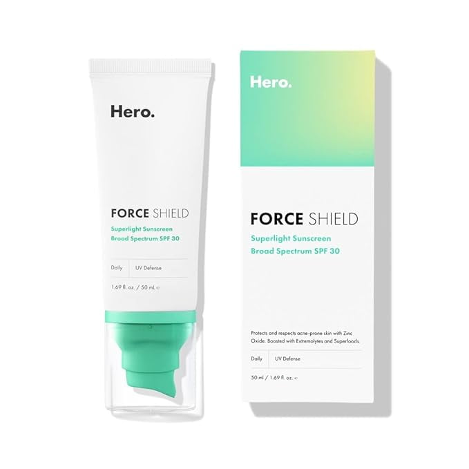 Hero Cosmetics Force Shield Superlight Sunscreen SPF 30, 50 ml | Everyday SPF 30 for Acne-Prone Skin, with Zinc Oxide, Green Surge, and Extremolytes, Fragrance Free and Reef Safe