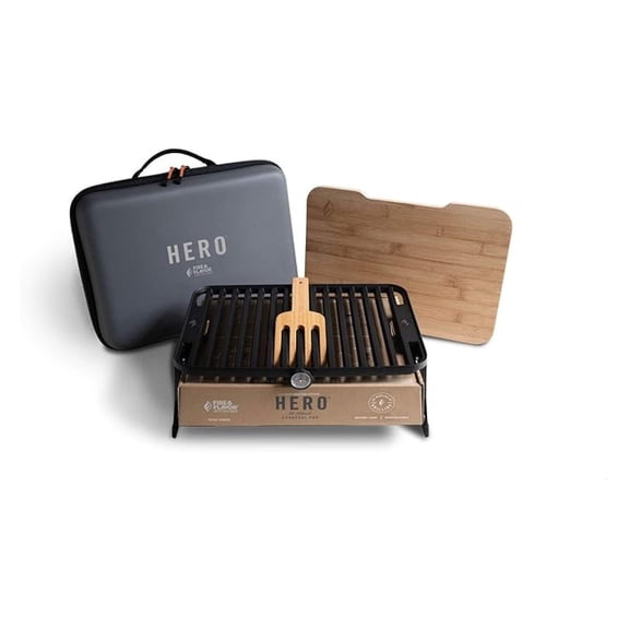 Hero Grill System - Ultra-Portable Grill for Camping, Tailgating, and BBQ on the Go - Charcoal Grill Set Comes with Spatula, Thermometer, and Cutting Board