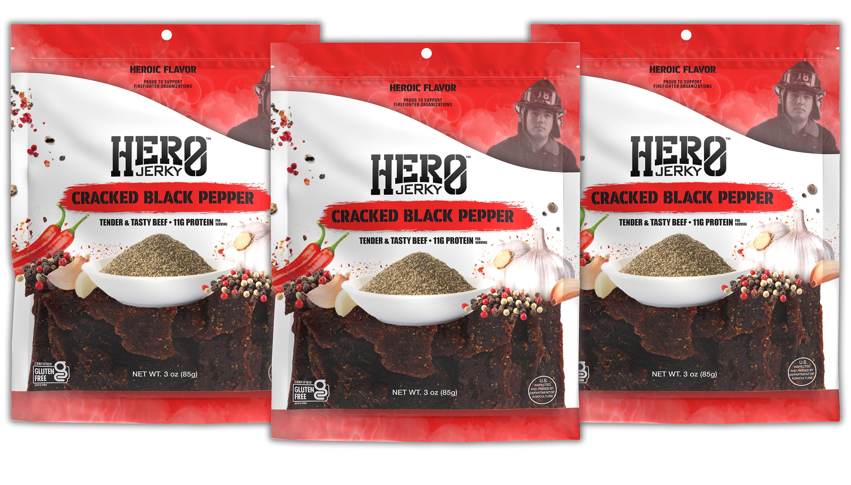 Hero Jerky Cracked Black Pepper Beef Jerky Pack of 3 – Naturally Smoked,  Gluten-Free, Tender & Tasty Beef Jerky, High Protein Snacks 3 Ounce