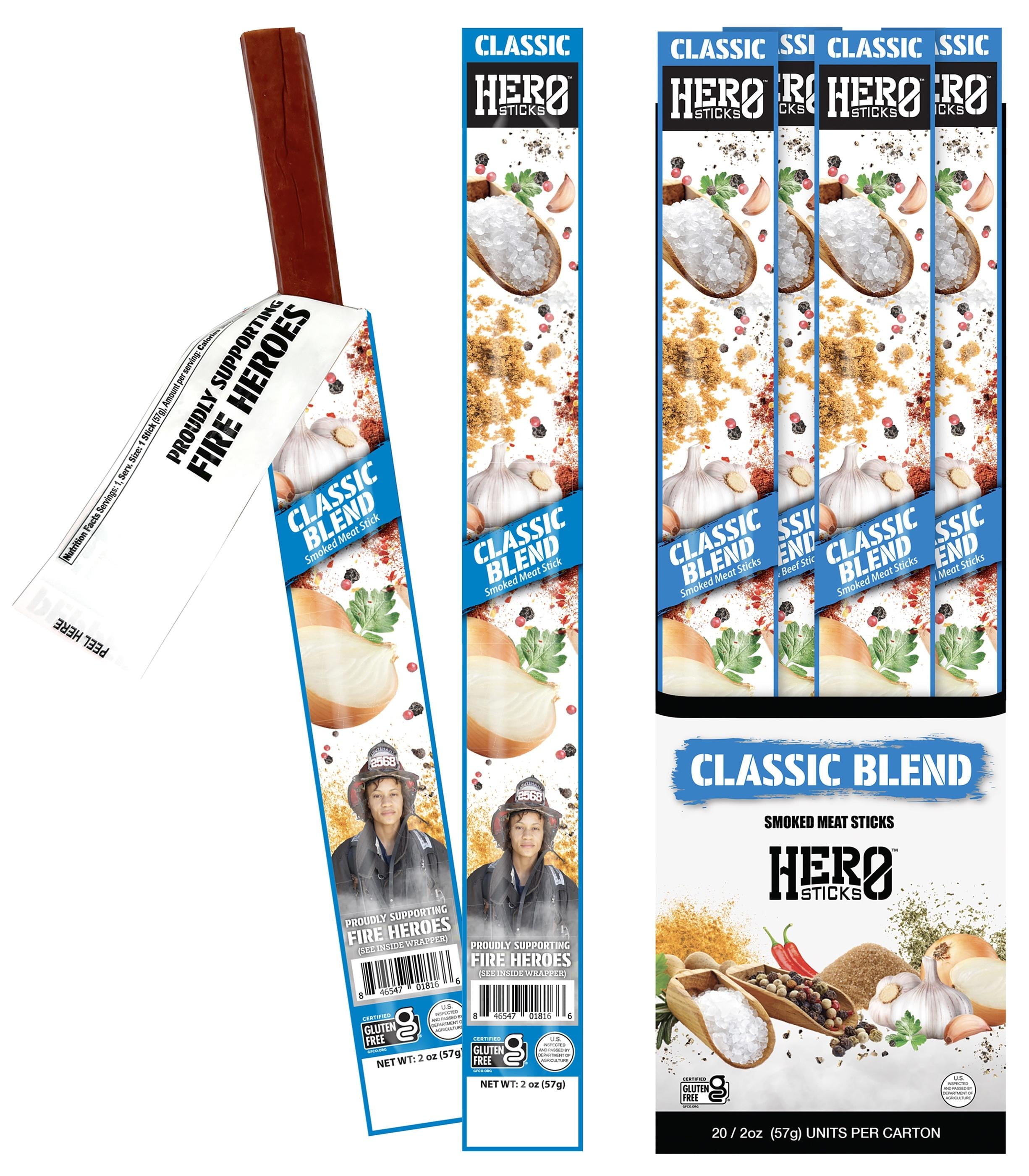 Hero Jerky Meat Sticks Classic Blend Pack of 20 – Premium Pork & Beef Meat Sticks, Gluten-Free, High Protein Snacks 2 Ounces Each, 21 Grams of Protein