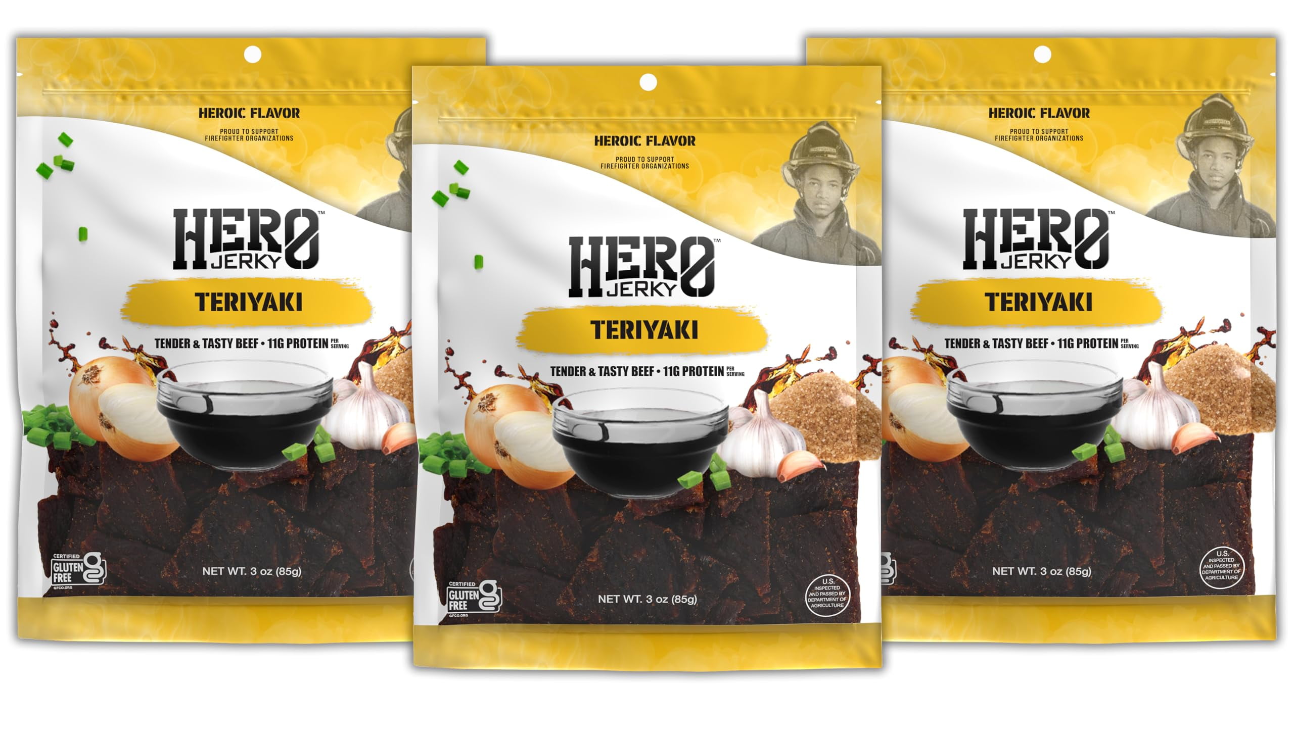 Hero Jerky Teriyaki Beef DHF10 Jerky Pack of 3 Naturally Smoked