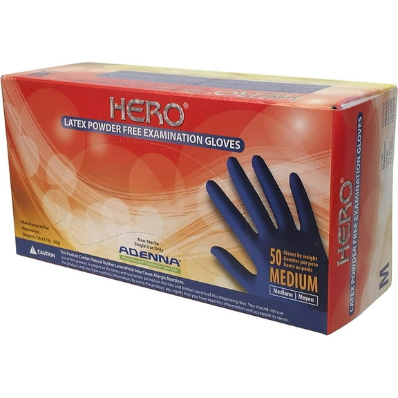 Adenna Hero 14 mil Latex Powder Free Exam Gloves (Blue, Medium) Box of 50 Medium (Pack of 50)